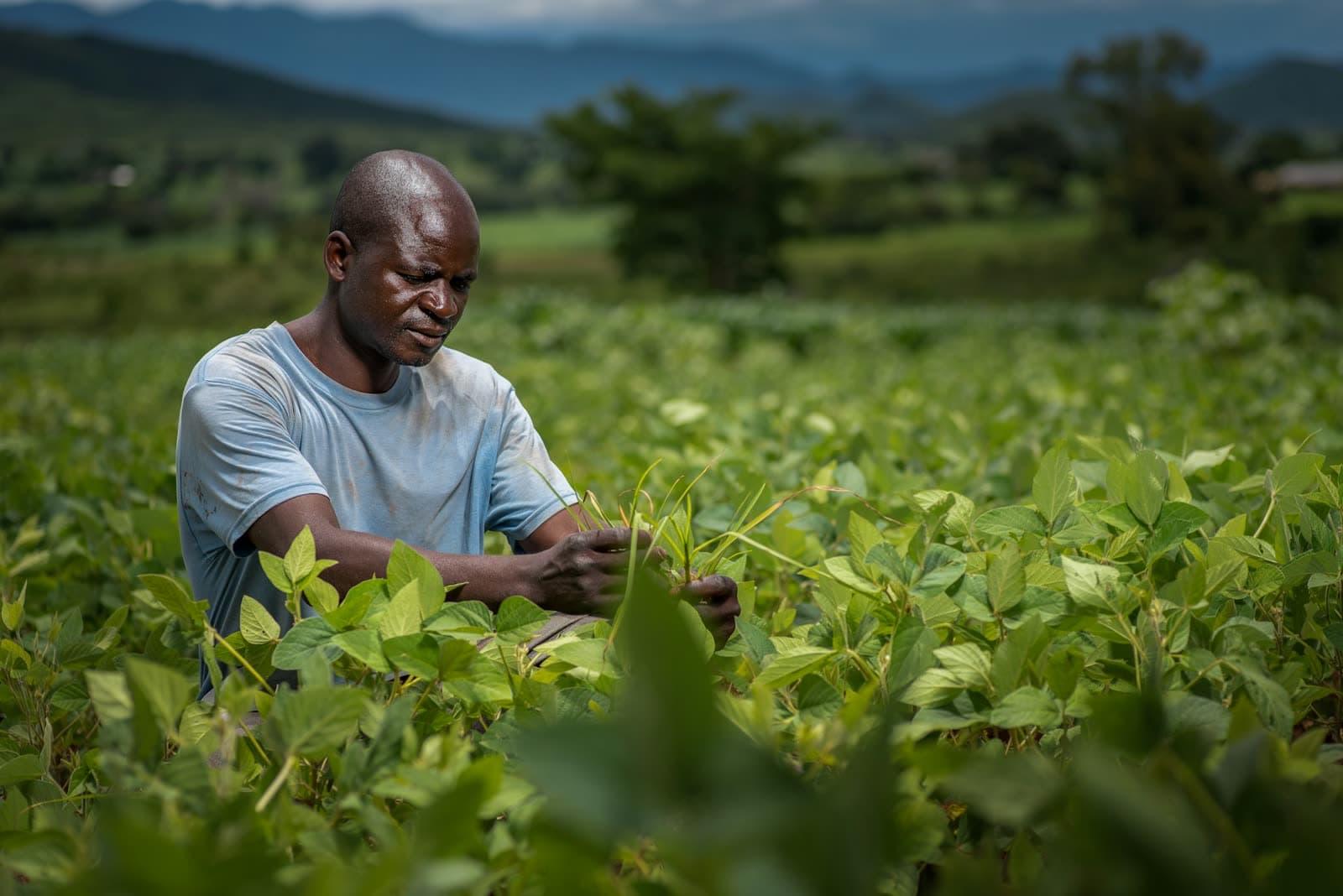 Farmer tending crops in a green field in Malawi