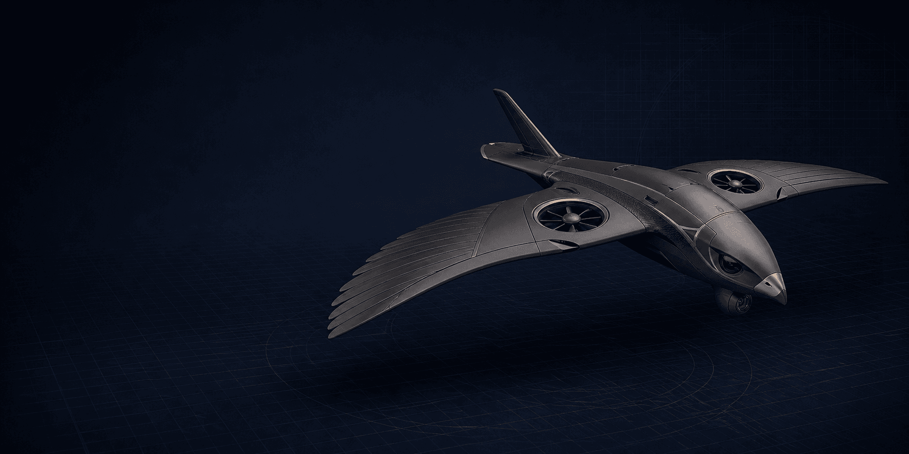 Eagle-inspired Lindur security drone in a dark studio setting